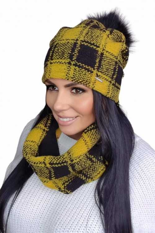 Gambit-Komplet damski: czapka i komin Kamea zimowy, 97% bawełny, tuba 35 × 24 cm, kolor musztardowy