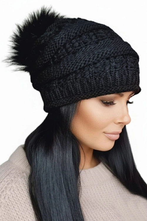 Liana Komplet czapka damska Kamea zimowa, z pomponem, z alpaką i wełną, rozmiar uniwersalny 54–60 cm, kolor czarny