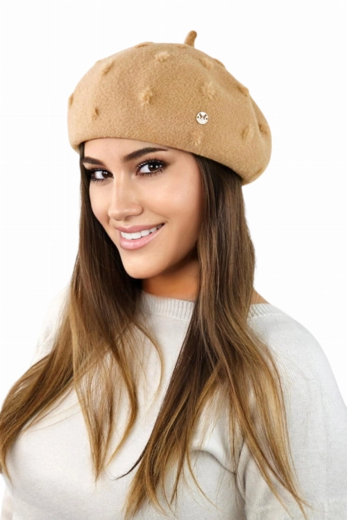 Linda beret damski Kamea zimowy, z antenką, rozmiar uniwersalny 54–60 cm, kolor piaskowy