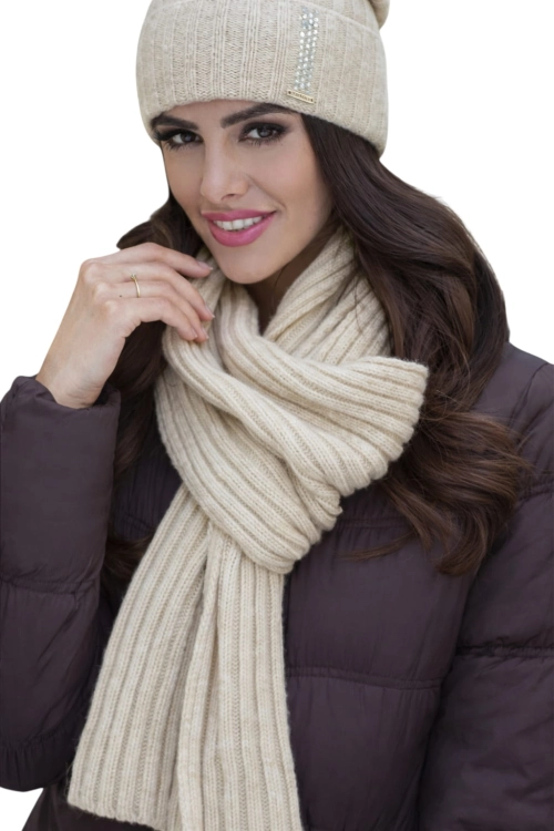 Szalik-04 damski Kamea zimowy, 90% wełny, 182 × 21 cm, kolor jasny beżowy