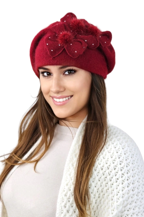 Cindy beret damski Kamea zimowy, z norką, kwiatowy motyw, z angorą, rozmiar uniwersalny 54–60 cm, kolor bordowy