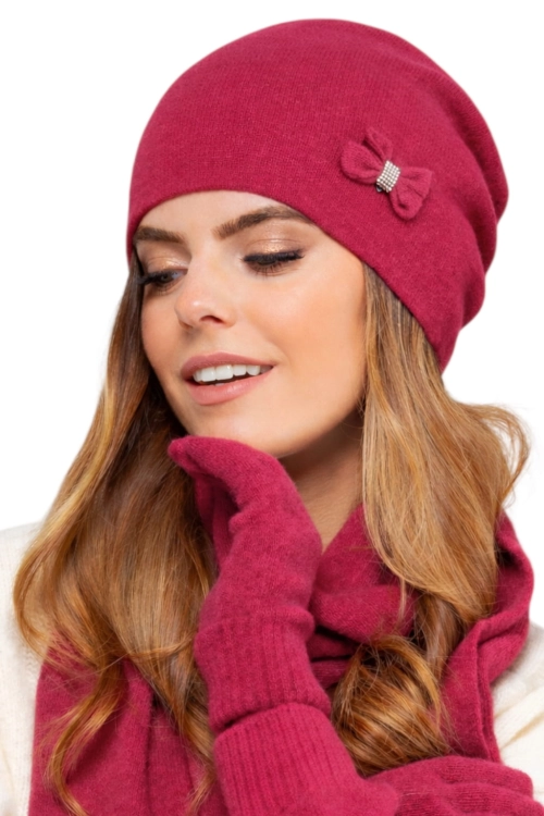 Floryda czapka damska Kamea zimowa, z kokardą, 80% wełny, rozmiar uniwersalny 54–60 cm, kolor malinowy