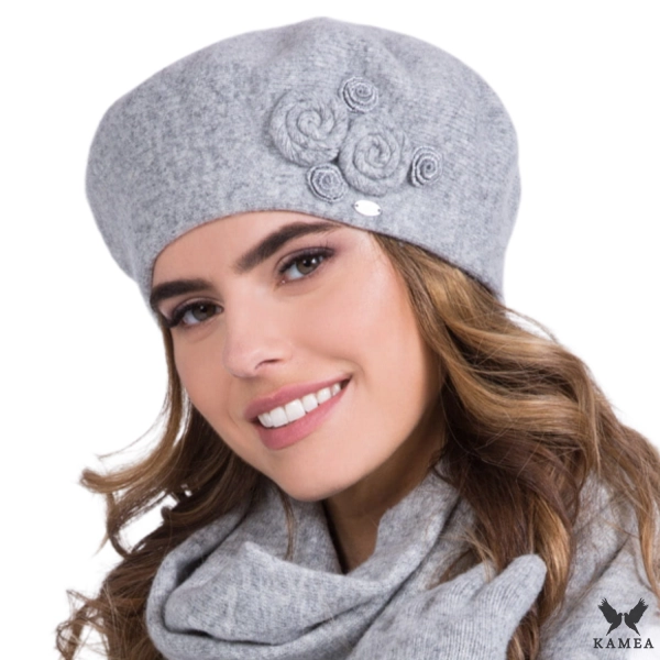 Birma beret damski Kamea zimowy, 80% wełny, rozmiar uniwersalny 54–60 cm, kolor szary