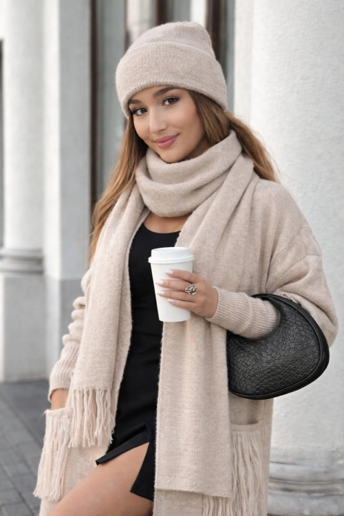 Kalifornia czapka damska Kamea zimowa, z wełną merino, moherem i wiskozą, rozmiar uniwersalny 54–60 cm, kolor beżowy