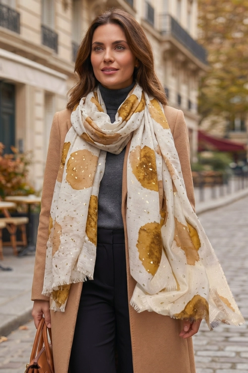 Szalik damski z połyskiem, w plamy, 50% bawełny, 180 × 90 cm, kolor biały i karmelowy i złoty
