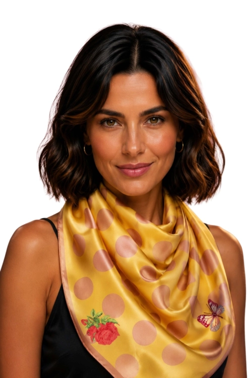 Apaszka damska w groszki, kwiatowy motyw, 70% wiskozy, 70 × 70 cm, kolor żółty