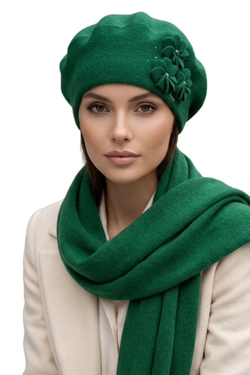 Salima beret damski Kamea zimowy, 80% wełny, rozmiar uniwersalny 54–60 cm, kolor zielony