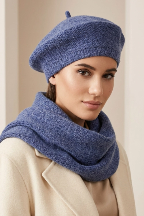 Ofelia beret damski Kamea zimowy, z polarową podszewką, z wełną merino, moherem i wiskozą, rozmiar uniwersalny 54–60 cm, kolor jeansowy
