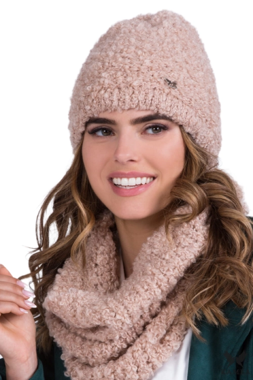 Nimfa-Komplet damski: czapka i komin Kamea zimowy, buklowy splot, z polarową podszewką, z moherem i wełną, tuba 33 × 44 cm, kolor Różowy
