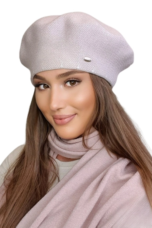 Arkadia beret damski Kamea zimowy, w pepitkę, z wełną i wiskozą, rozmiar uniwersalny 54–60 cm, kolor różowy