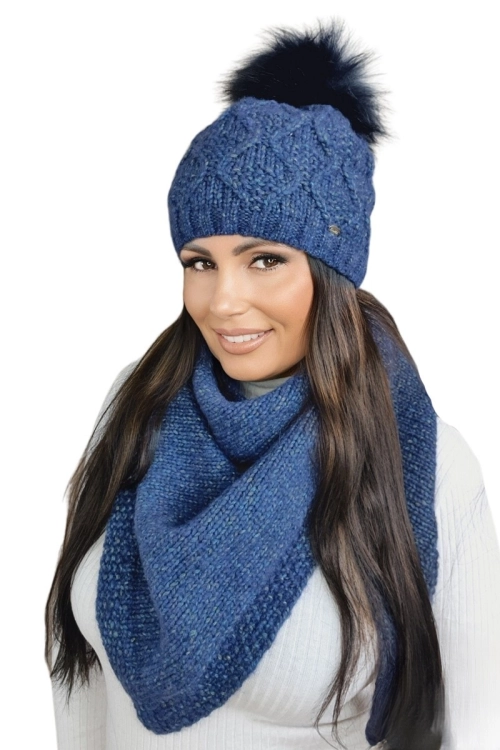 Frezja czapka damska Kamea zimowa, z polarową podszewką, z alpaką, wełną i bawełną, rozmiar uniwersalny 54–60 cm, kolor niebieski