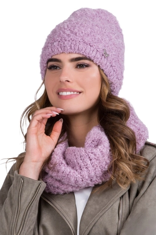 Nimfa-Komplet damski: czapka i komin Kamea zimowy, buklowy splot, z polarową podszewką, z moherem i wełną, tuba 33 × 44 cm, kolor liliowy