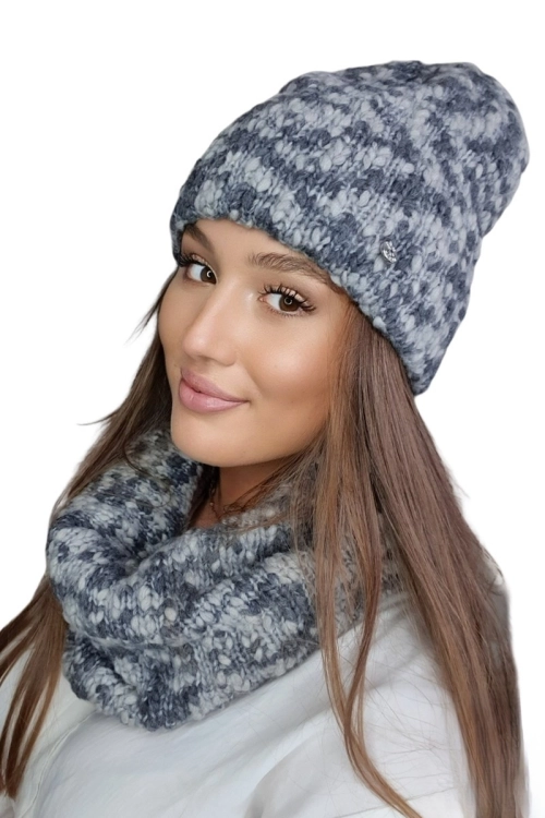Lamia-Komplet damski: czapka i komin Kamea zimowy, 76% wełny, tuba 30 × 38 cm, kolor szary