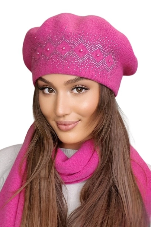 Ginger beret damski Kamea zimowy, 80% wełny, rozmiar uniwersalny 54–60 cm, kolor malinowy