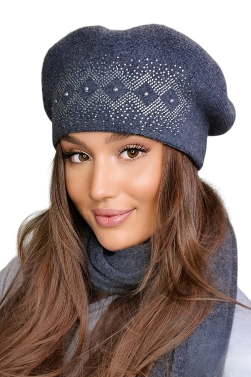 Ginger beret damski Kamea zimowy, 80% wełny, rozmiar uniwersalny 54–60 cm, kolor grafitowy