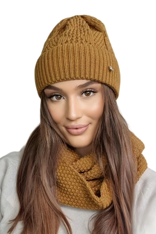 Safona-Komplet damski: czapka i komin Kamea zimowy, z wełną, ósemka 70 × 30 cm, kolor musztardowy