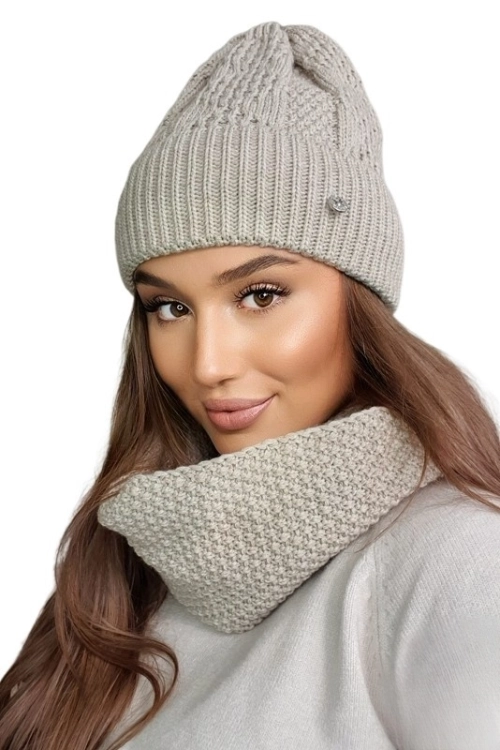 Safona-Komplet damski: czapka i komin Kamea zimowy, z wełną, ósemka 70 × 30 cm, kolor beżowy
