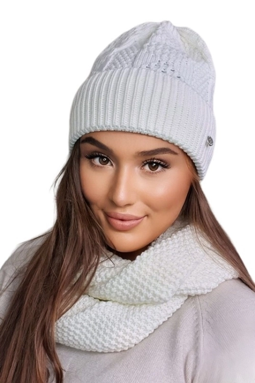 Safona-Komplet damski: czapka i komin Kamea zimowy, z wełną, ósemka 70 × 30 cm, kolor ekru