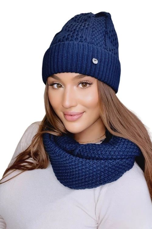 Safona-Komplet damski: czapka i komin Kamea zimowy, z wełną, ósemka 70 × 30 cm, kolor granatowy