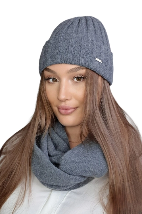 Tahira-Komplet damski: czapka i komin Kamea zimowy, 80% wełny, ósemka 65 × 37 cm, kolor grafitowy