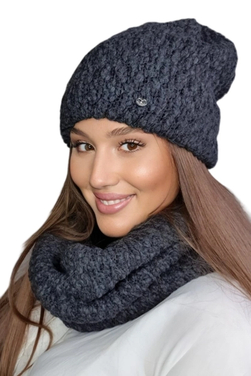 Lamia-Komplet damski: czapka i komin Kamea zimowy, 76% wełny, tuba 30 × 38 cm, kolor grafitowy