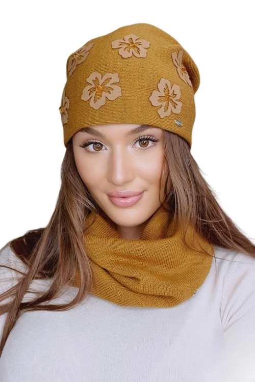 Naila czapka damska Kamea zimowa, kwiatowy motyw, z wełną, rozmiar uniwersalny 54–60 cm, kolor musztardowy