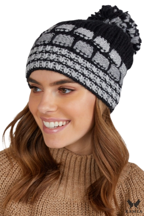 Amanda czapka damska Kamea zimowa, z pomponem, z alpaką, moherem i wełną, rozmiar uniwersalny 54–60 cm, kolor czarny