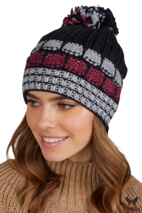 Amanda czapka damska Kamea zimowa, z pomponem, z alpaką, moherem i wełną, rozmiar uniwersalny 54–60 cm, kolor czarny i czerwony