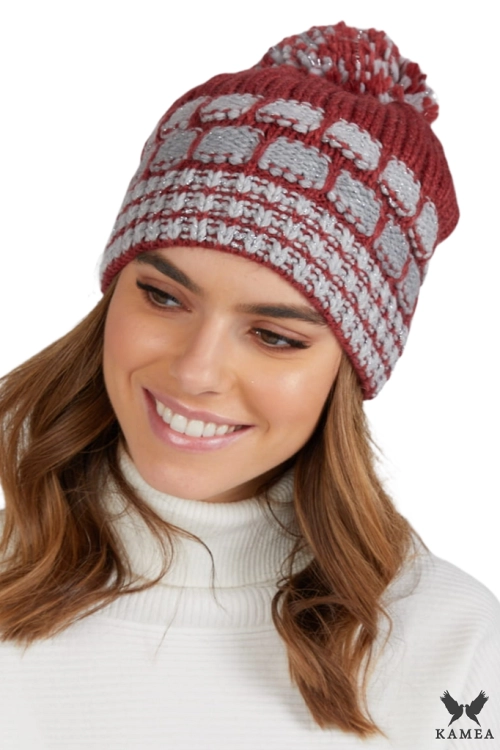 Amanda czapka damska Kamea zimowa, z pomponem, z alpaką, moherem i wełną, rozmiar uniwersalny 54–60 cm, kolor czerwony