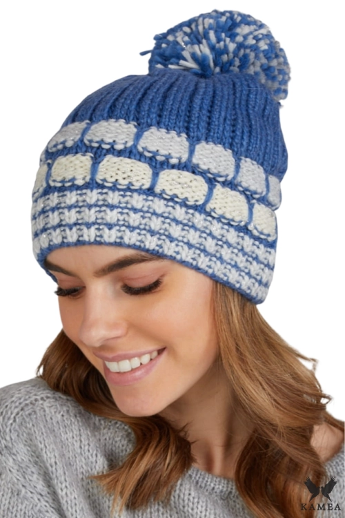 Amanda czapka damska Kamea zimowa, z pomponem, z alpaką, moherem i wełną, rozmiar uniwersalny 54–60 cm, kolor niebieski