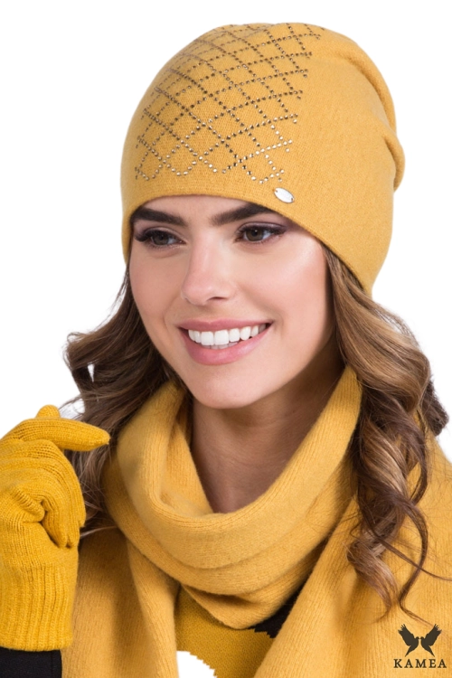Irina czapka damska Kamea zimowa, 80% wełny, rozmiar uniwersalny 54–60 cm, kolor musztardowy