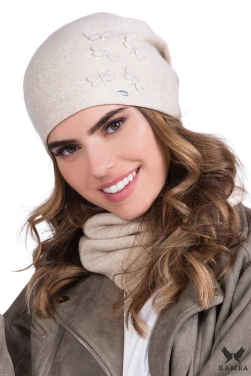 Zira czapka damska Kamea zimowa, z wełną, rozmiar uniwersalny 54–60 cm, kolor beżowy