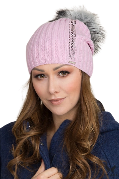 Amber czapka damska Kamea zimowa, z pomponem, 90% wełny, rozmiar uniwersalny 54–60 cm, kolor różowy