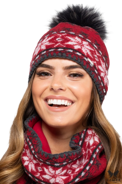 Annapolis czapka damska Kamea zimowa, z pomponem, z polarową podszewką, 52% wełny, rozmiar uniwersalny 54–60 cm, kolor czerwony