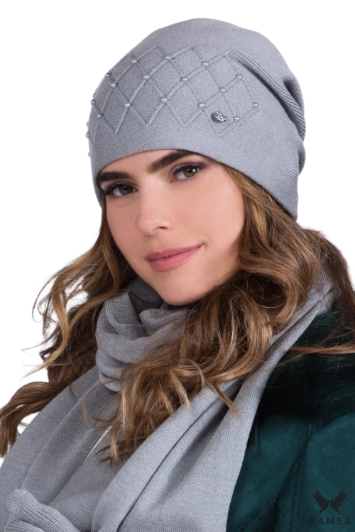 Rena czapka damska Kamea zimowa, z wełną i wiskozą, rozmiar uniwersalny 54–60 cm, kolor szary