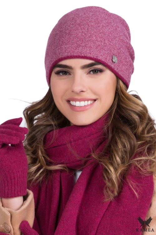 Sima czapka damska Kamea zimowa, w pepitkę, 80% wełny, rozmiar uniwersalny 54–60 cm, kolor fuksja